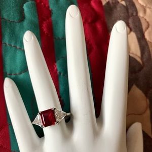 Red & Crystal Clear Cubic Zirconia Sterling Silver Cocktail Ring - Size 7